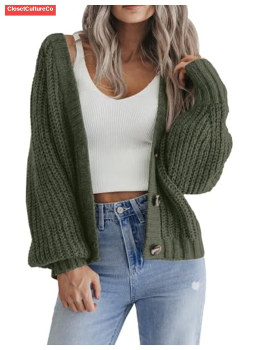 Chunky Knit V-Neck Button Down Cardigan Long Sleeve Sweater
